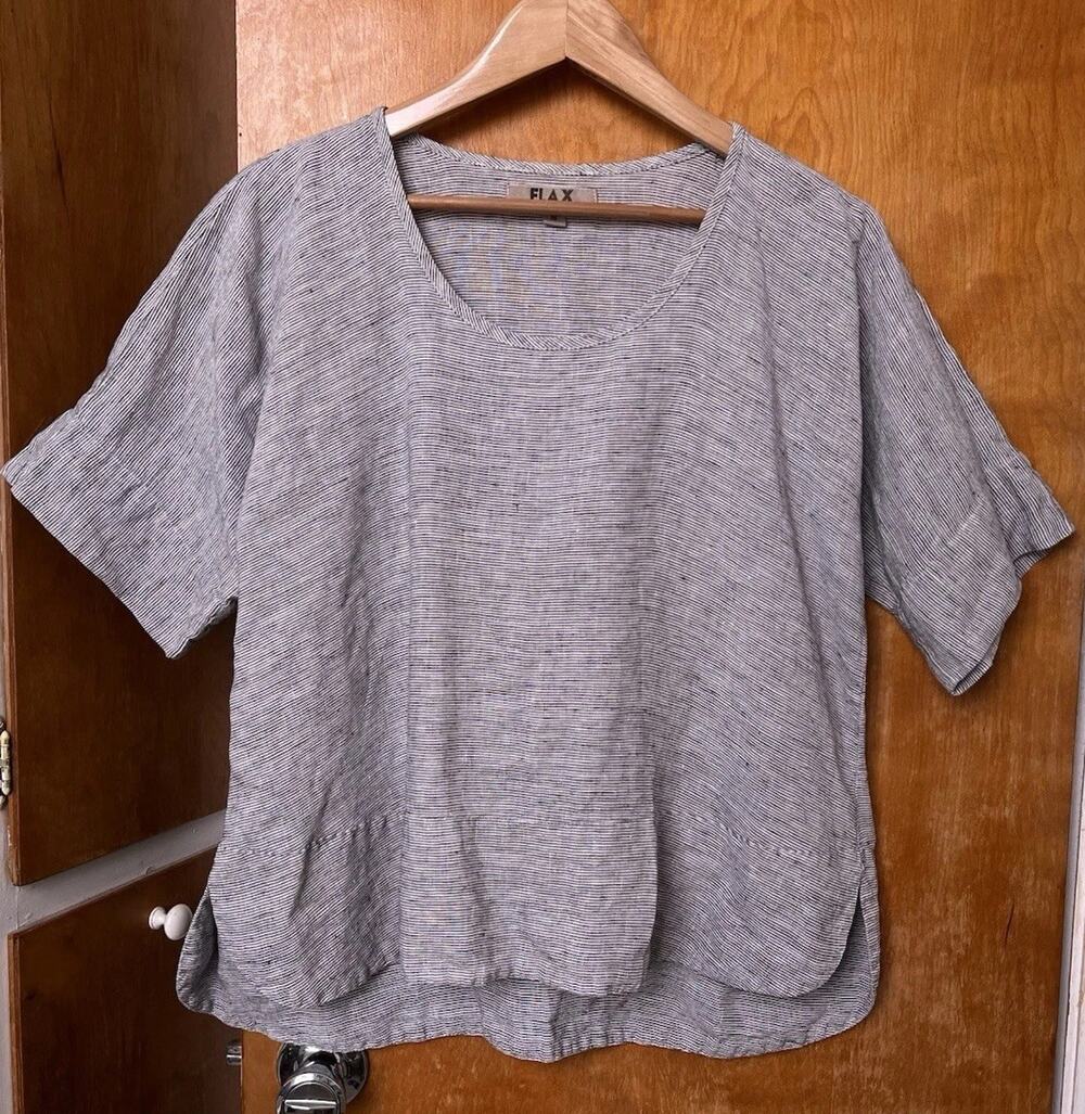 FLAX LINEN Natural Gray Stripe Top Relaxed Fit Boho Lagenlook Sz S Coastal Artsy